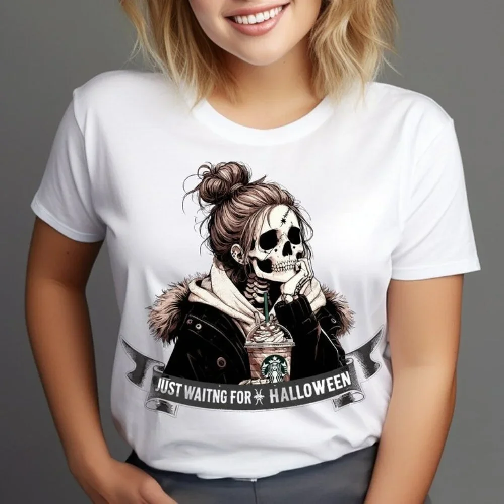 Just waiting for Halloween Png, Skeleton Shirt, Vintage Halloween T-Shirt - Picture 1 of 4